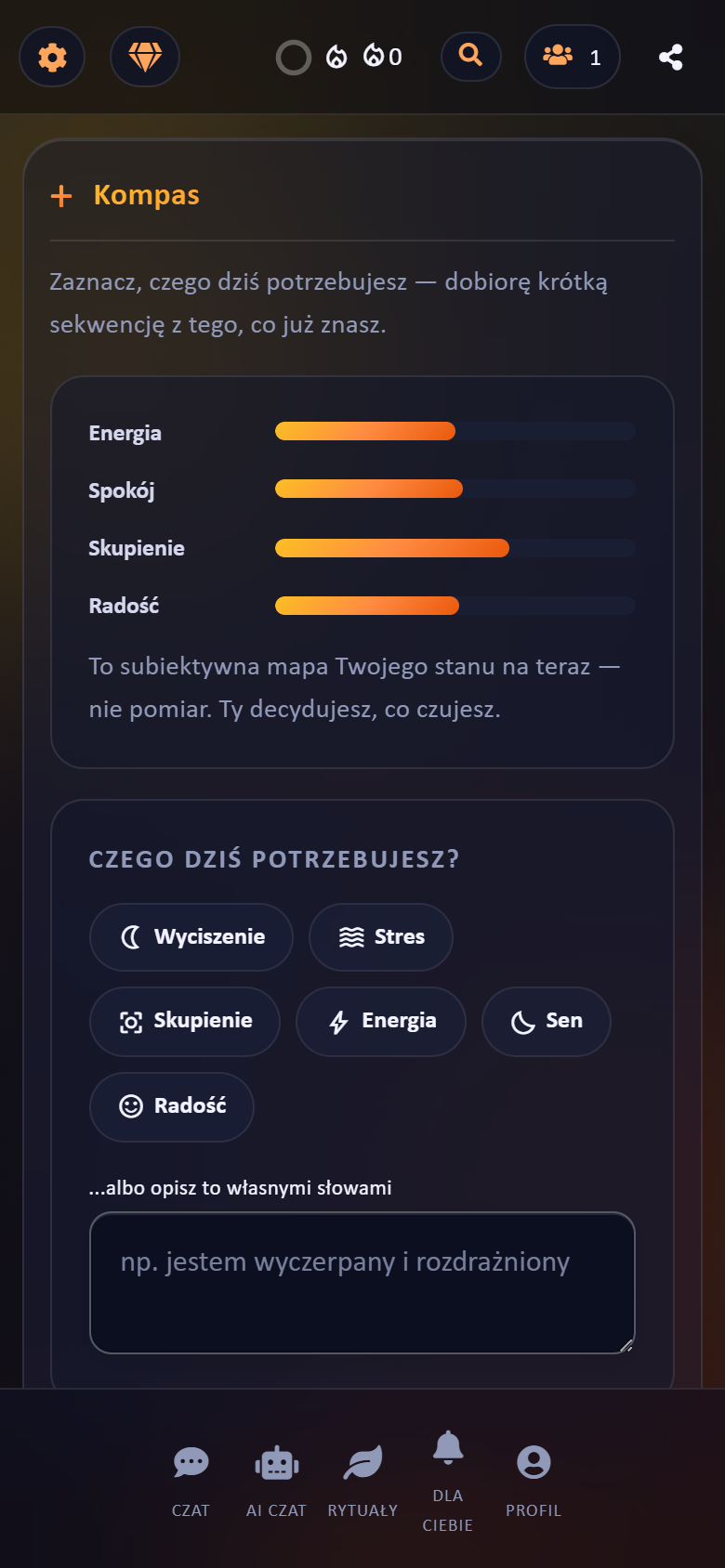 Ekran Kompasu w aplikacji Teovia